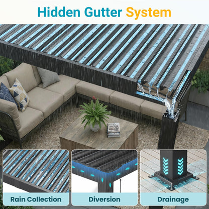 Louvered Pergola, 12' x 16' Outdoor Pergola, Metal Patio Gazebo with Adjustable Louvers Roof and Gutter System, Metal Hardtop Gazebo for Patio, Backyard, Deck, Garden, Dark Gray