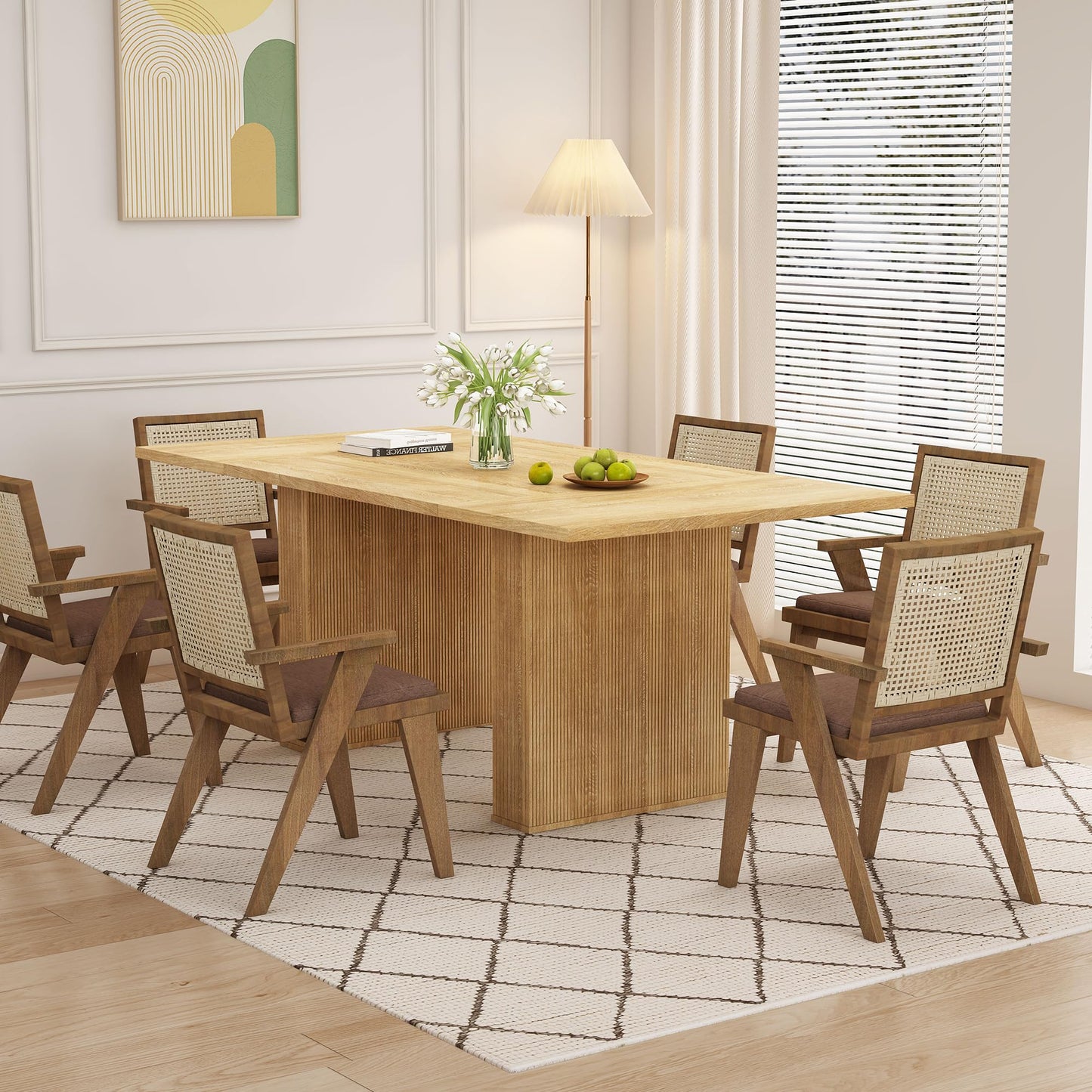 QHITTY 78 Inch Fluted Dining Table, Wood KitchenTable for 6 to 10, Farmhouse Long Rectangle Table with Strip Base for Dining Room, Kitchen Natural