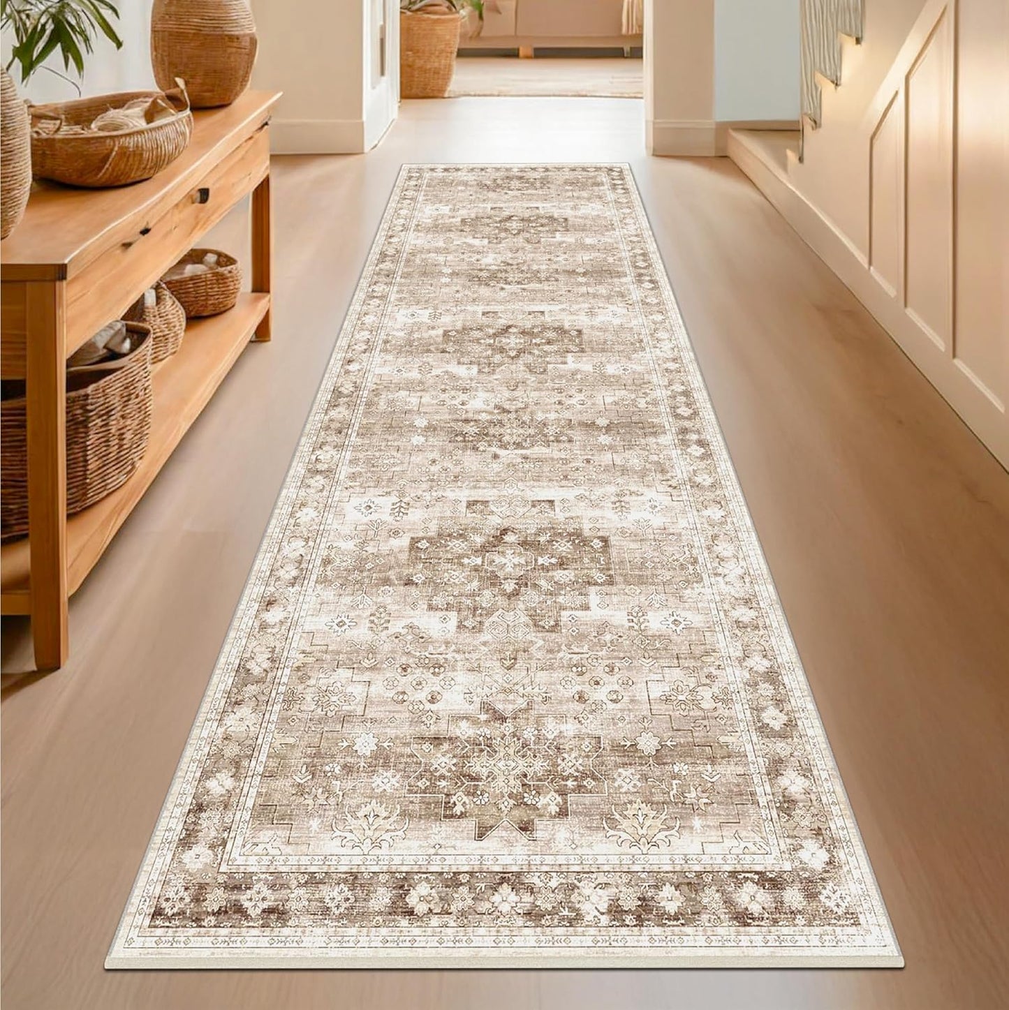 Beige Washable Runner Rug - Extra Long 2'6"x10' | Non-Slip Indoor Floor Mat for Hallways & Entryways