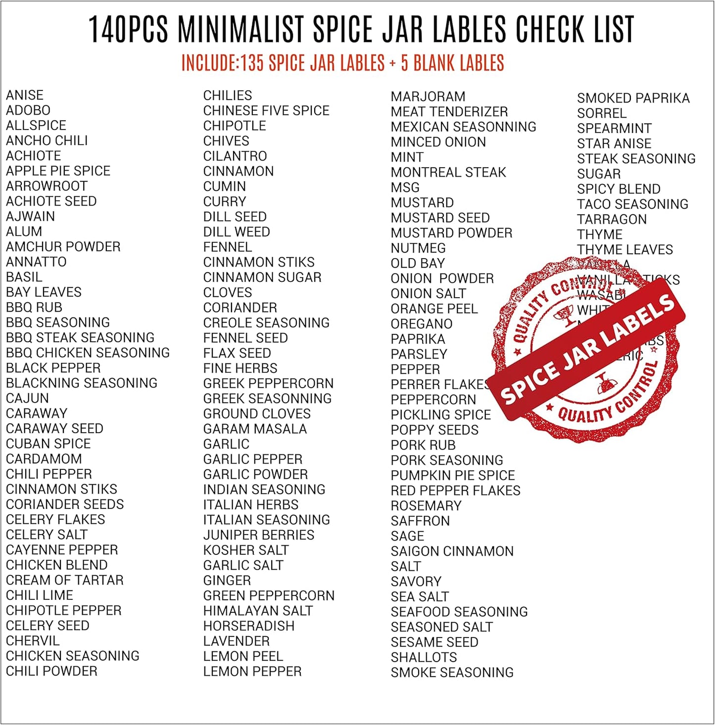 Spice Jar Labels, 140 pcs Minimalist Preprinted White Stickers for Herb Seasoning, Kitchen Pantry Organization