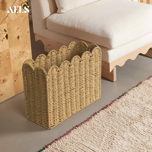 AELS Woven Natural Fibre Magazine Holder, Scalloped Edge Floor Magazine Rack, Hand-woven Organizer, Boho Modern Farmhouse Book Basket, File Newspaper Mail Holder for Office