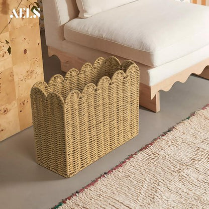 AELS Woven Natural Fibre Magazine Holder, Scalloped Edge Floor Magazine Rack, Hand-woven Organizer, Boho Modern Farmhouse Book Basket, File Newspaper Mail Holder for Office