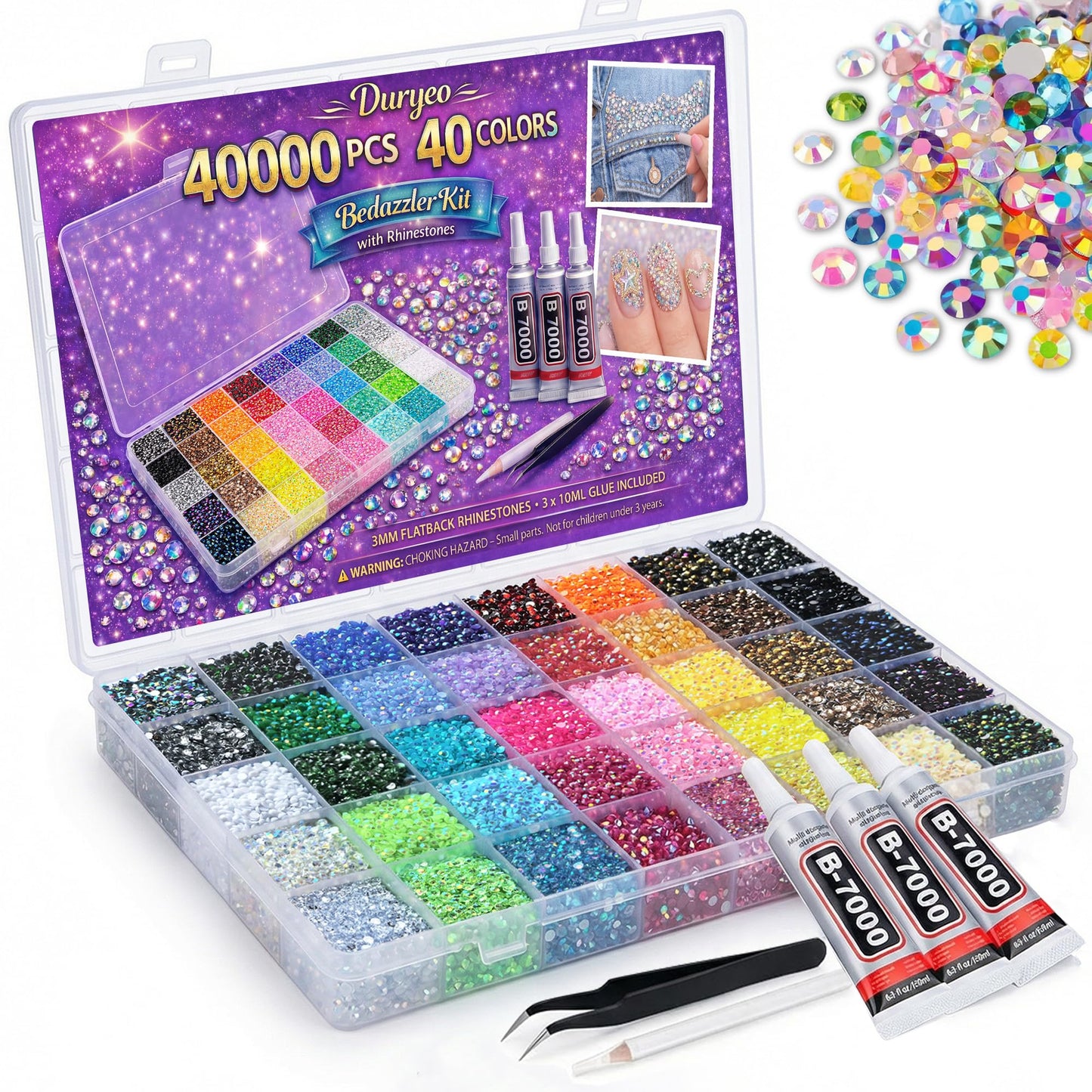 40000 PCS 40 Colors Rhinestones for Bedazzling, 3mm Flatback Resin Gems, Bedazzler Kit with Rhinestones and Tools, 3Pcs B7000 Jewelry Glue, Bedazzling Kit for Nails Clothes Shoes Books Crafts