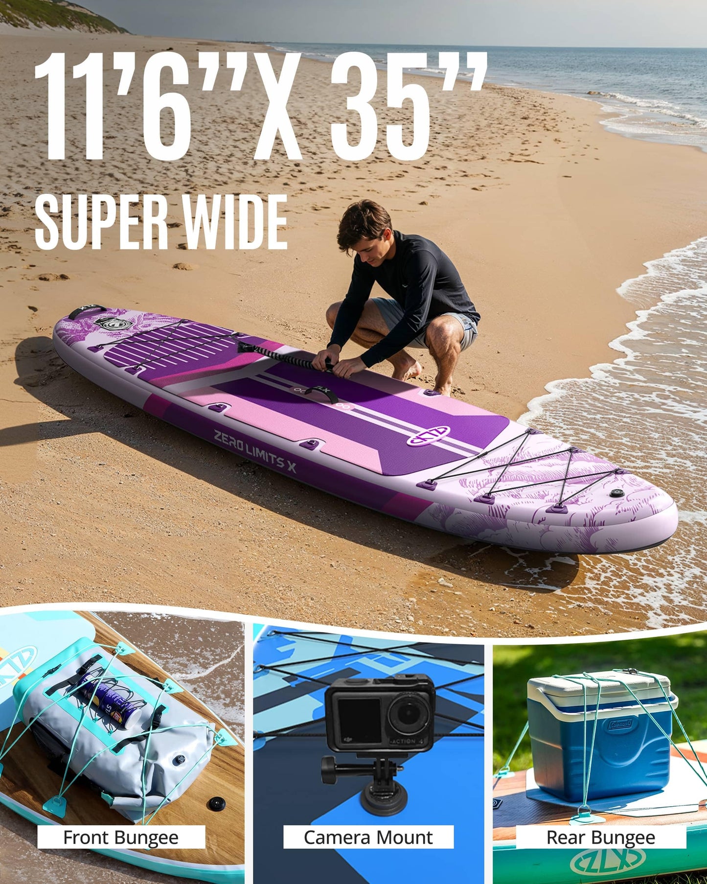 ZLX 11'6"x35" Ultra Wide Inflatable Stand Up Paddle Board | Stable Non-Slip Deck Pad, Unique Fin System, Premium SUP Accessories & Backpack - Upgraded Pump for Adults, All Skill Levels