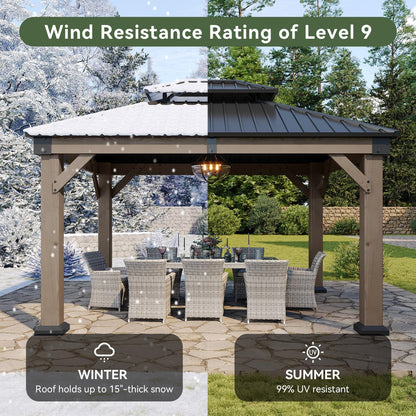 Aoxun 10' x 12' Outdoor Wood Gazebo, Hardtop Gazebo with Galvanized Steel Double Roof, Permanent Wooden Pavilion with Ceiling Fan, for Patio, Garden, Deck, Cedar Wood, Grey