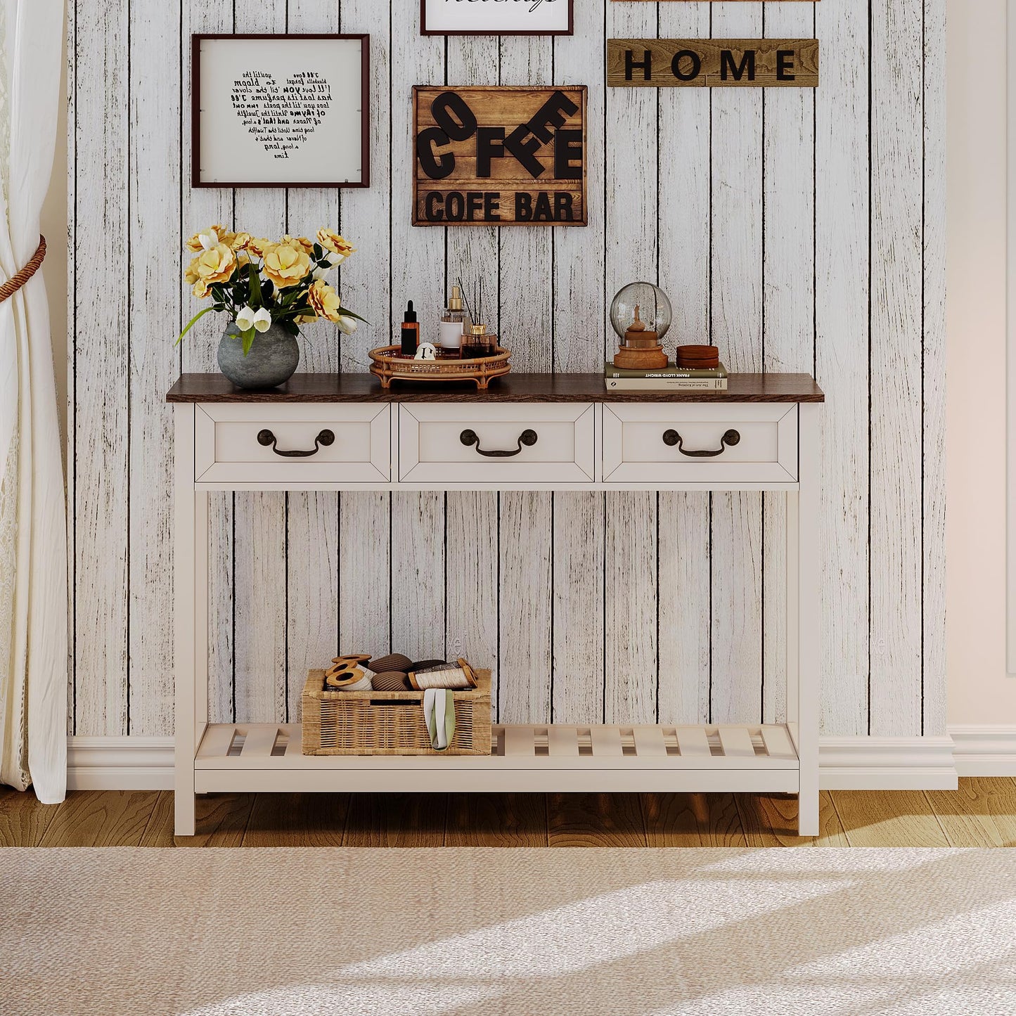 ChooChoo 47" Farmhouse Console Table with 3 Drawers, Rustic Entryway Table, Narrow Long Sofa Table for Living Room, Hallway, Behind Couch, Soft White and Brown