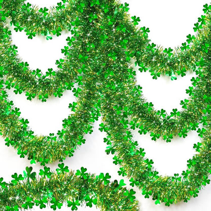 TURNMEON 33 Ft St. Patrick's Day Tinsel Garland Decorations Green Gold Shamrock Garland Clover Metallic Streamer Hanging St Patricks Day Decorations for Home Indoor Outdoor Irish Party Supplies