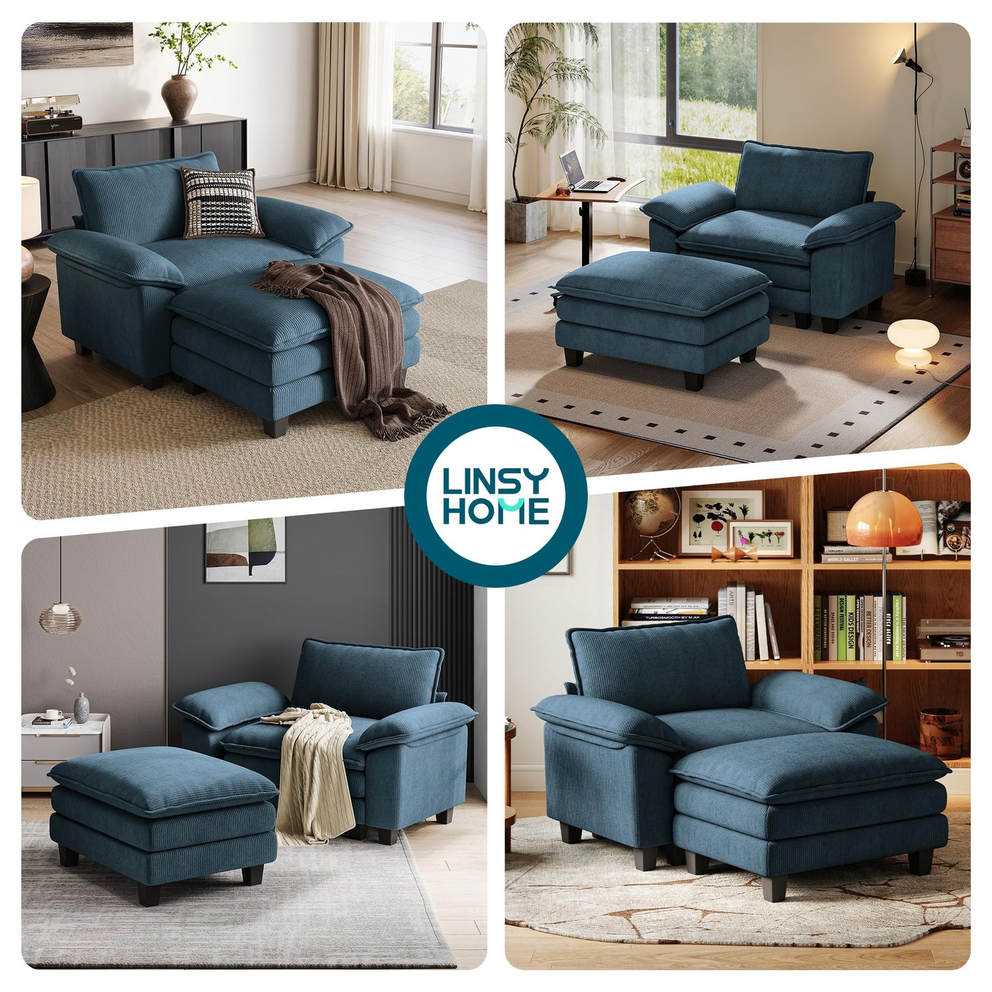 LINSY HOME Cloud Sofa Accent Chair with Ottoman Chaise Lounge Chair Indoor, Corduroy Couch Sofa Chair for Living Room Apartment Bedroom Office, Blue