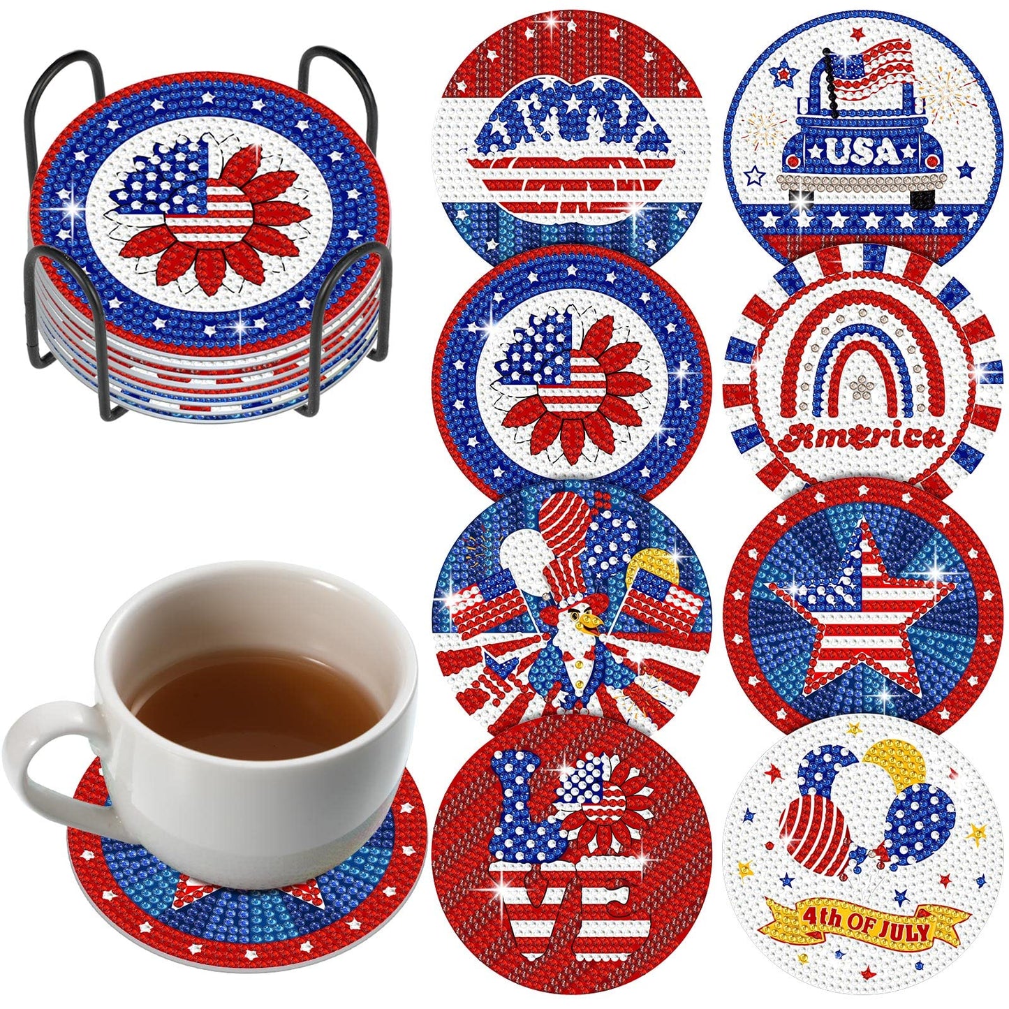 Shellwei 8 Pcs 4th of July Patriotic Diamond Painting Coasters Memorial Day USA Star Diamond Art Coasters with Holder 250th Anniversary Painting Kits Independence Day Decors for Adults DIY Craft Gift