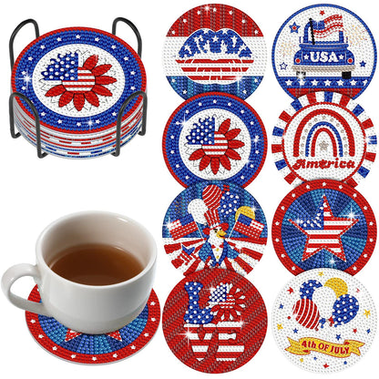 Shellwei 8 Pcs 4th of July Patriotic Diamond Painting Coasters Memorial Day USA Star Diamond Art Coasters with Holder 250th Anniversary Painting Kits Independence Day Decors for Adults DIY Craft Gift