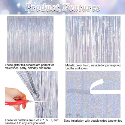 Skiennix Silver Metallic Tinsel Foil Curtains - 2 Pack Glitter Fringe Backdrop | 3.28 FT x 7.05 FT for NYE & Birthday Parties