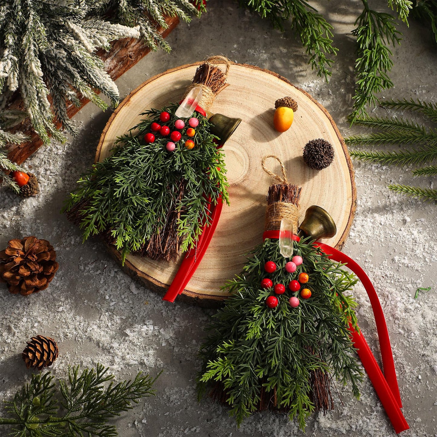 Jenaai 2 Pcs Yule Decorative Broom 6.7 Inch Pagan Christmas Decor Mini Witch Broom Handmade Pagan Broomstick with Crystal Holly Berry Jingle Bell Xmas Hanging Decor for Altar Door Protection Gift