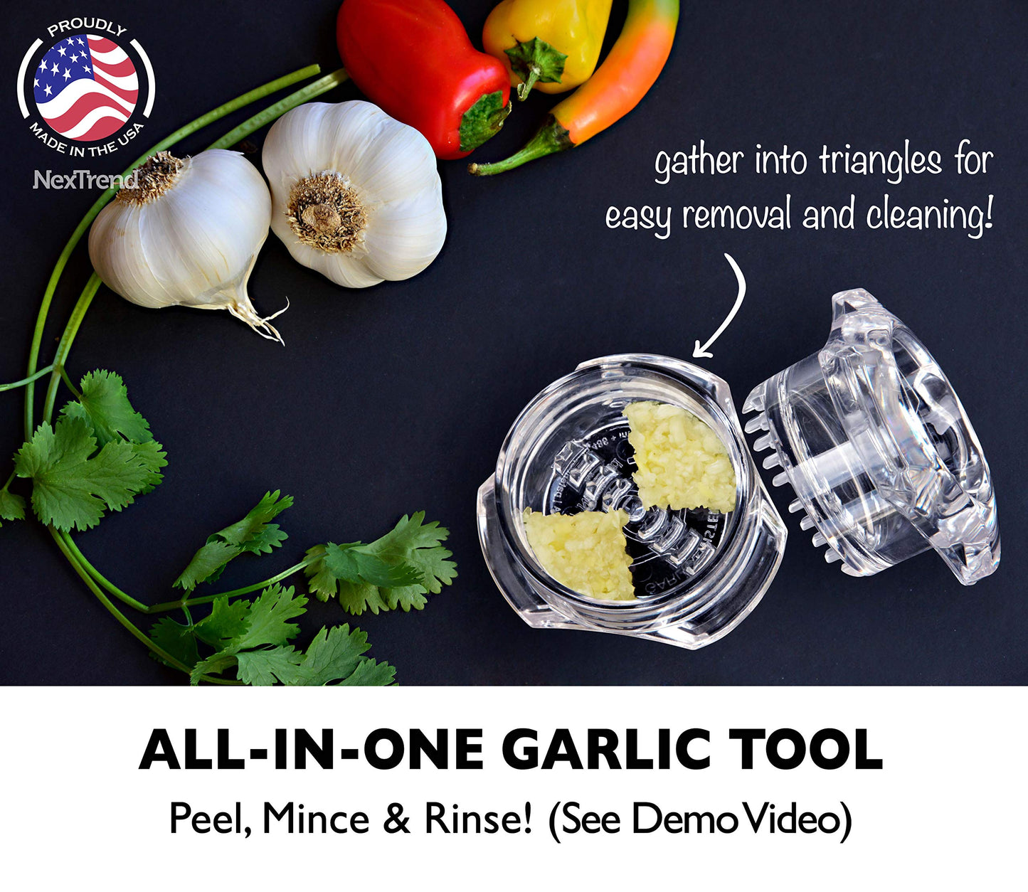 Nextrend Garlic Twister 4th Gen – Garlic Mincer & Garlic Press in One - for Ginger, Herbs, Nuts & more, BPA-Free, Dishwasher Safe, 3–5 Clove Capacity - Clear