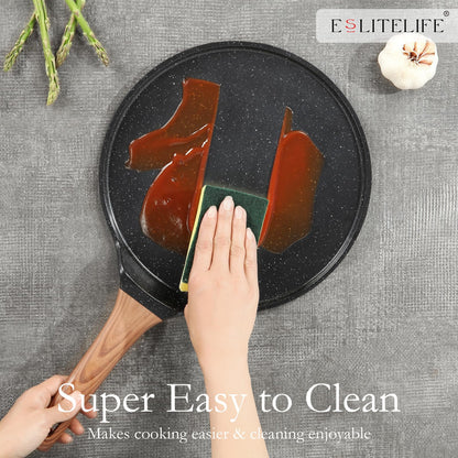 ESLITE LIFE 9.5 Inch Crepe Pan with Spreader, Nonstick Granite Coating Dosa Pan, Roti Tawa Comal Para Tortillas Pancake Griddle Pan, Induction Compatible, PTFE & PFOA Free, Black