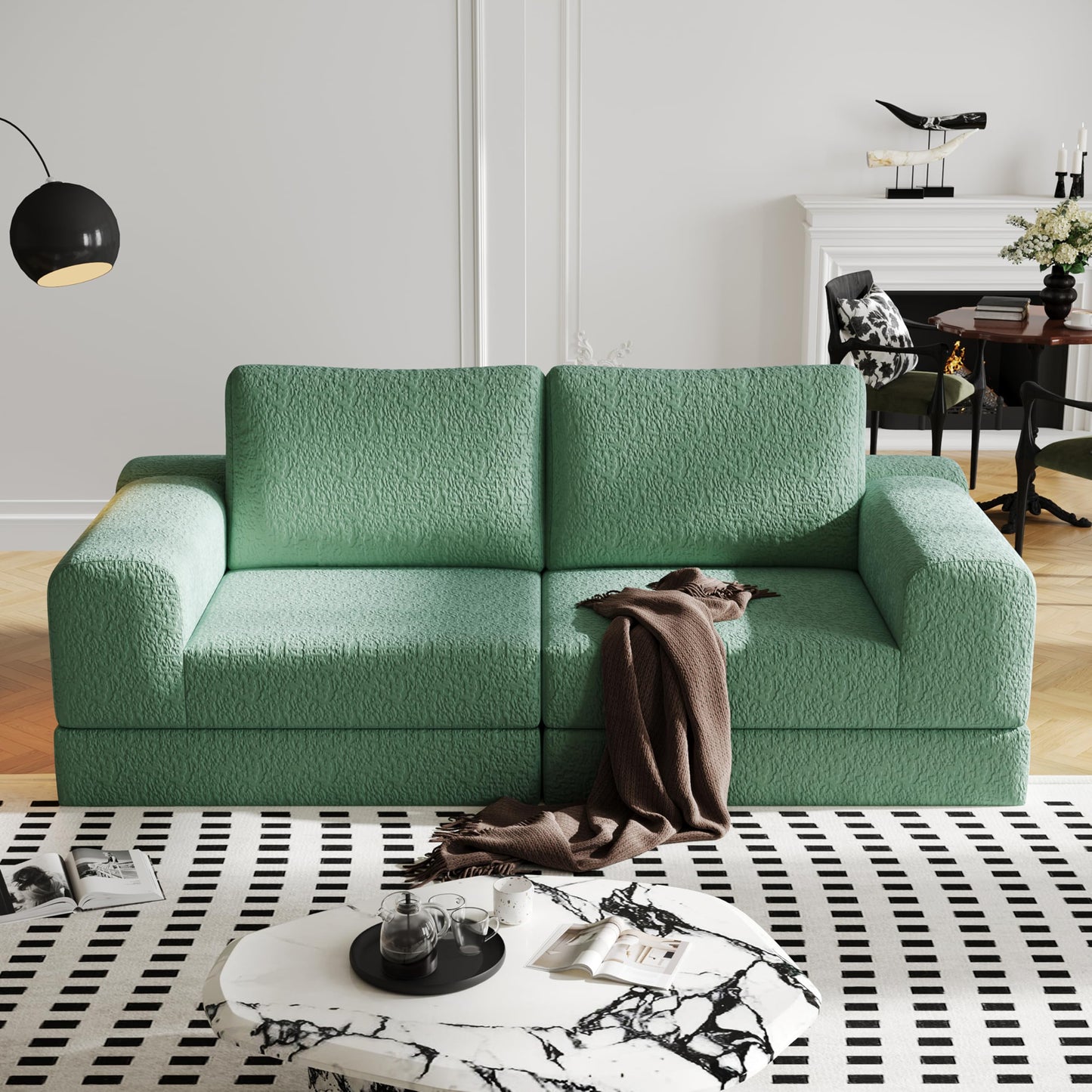 Cloud Modular Sectional Sofa, DIY Combination Modular Couch for Living Room, Unique Knitted Fabric Love Seat Couches with 2 Pillows, 2 Seater Comfy Sectional Couch with No Assembly (Green)