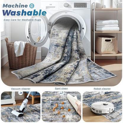 pmtsns Area Rugs 8x10 for Living Room: Washable Rug Modern Abstract Neutral Soft Non-Slip Low-Pile Indoor Large Carpet for Bedroom Dining Room Home Office Children's Room(Blue Grey Brown, 8'x10')