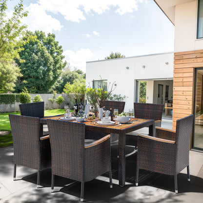 Shintenchi 7 Piece Patio Dining Set, Wicker Patio Conversation Set with Wooden Table Top, Outdoor Table and Chairs with Soft Cushions for Backyard, Deck and Garden, Brown Rattan