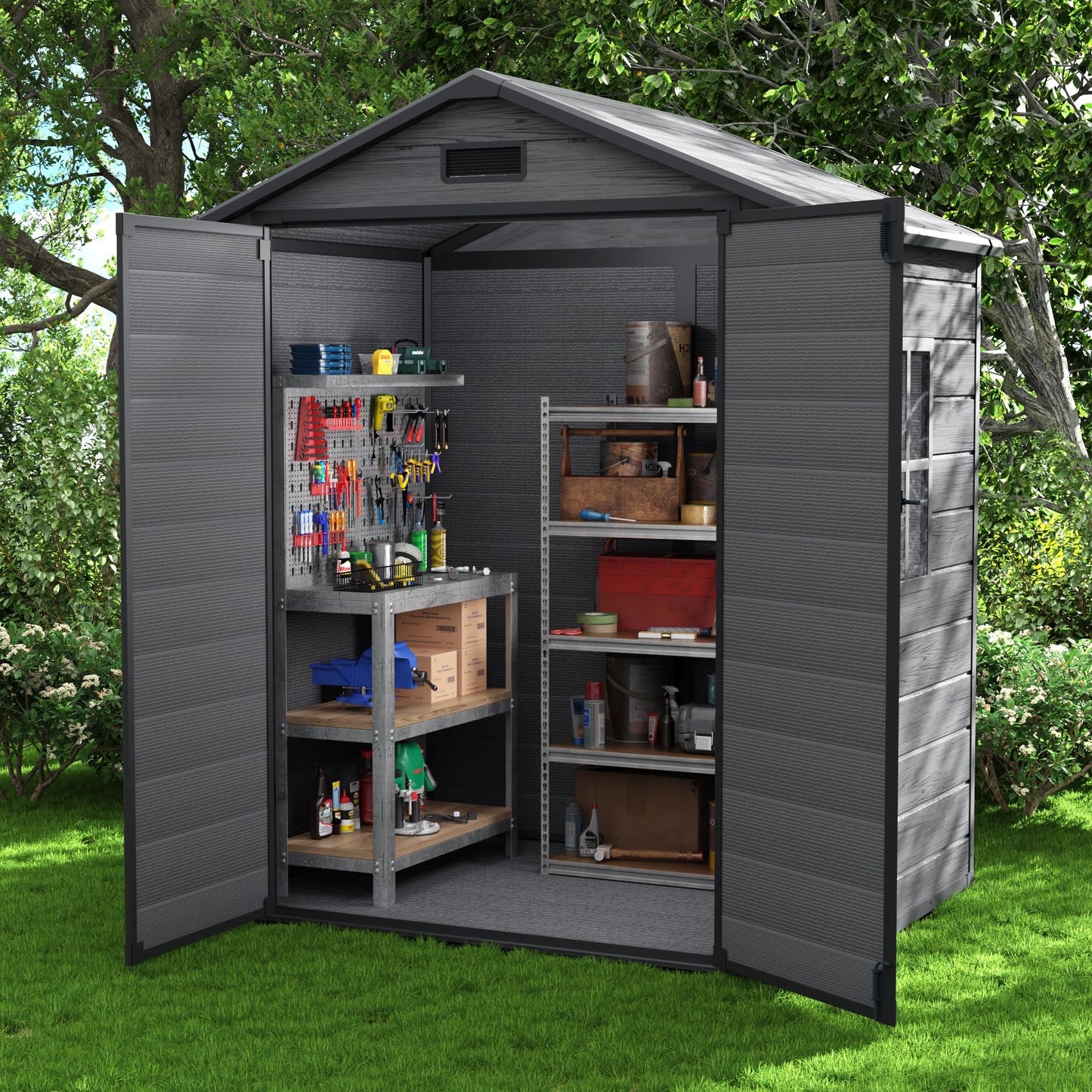 UDPATIO Outdoor Storage Shed 6x4.5 FT, Garden Resin Shed for Bike, Garbage Can, Tools, Outside Plastic Sheds with Floor for Backyard, Patio, Lawn, Dark Grey