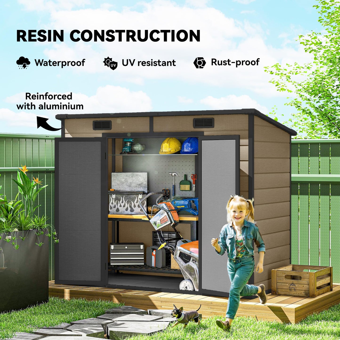 Outsunny 8' x 4' Outdoor Storage Shed, Waterproof Resin Plastic Shed with Floor, Window, Lockable Door and Vents, All-Weather Garden Tool Shed for Backyard, Patio, Lawn, Brown