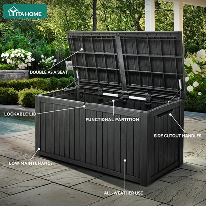 YITAHOME 220 Gallon XL Deck Box Large Outdoor Storage w/Divider for Patio Furniture,Outdoor Cushions, Garden Tools, Sports Equipment and Pool Supplies, Waterproof, Resin, Lockable, Black