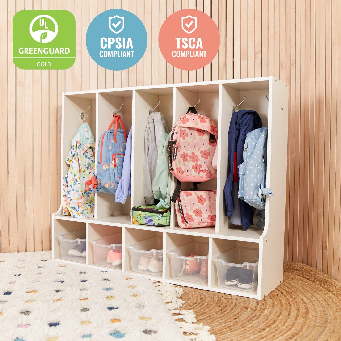ECR4Kids Streamline 5-Section Toddler Coat Locker with Bench and Bins, Kids Furniture, Clear