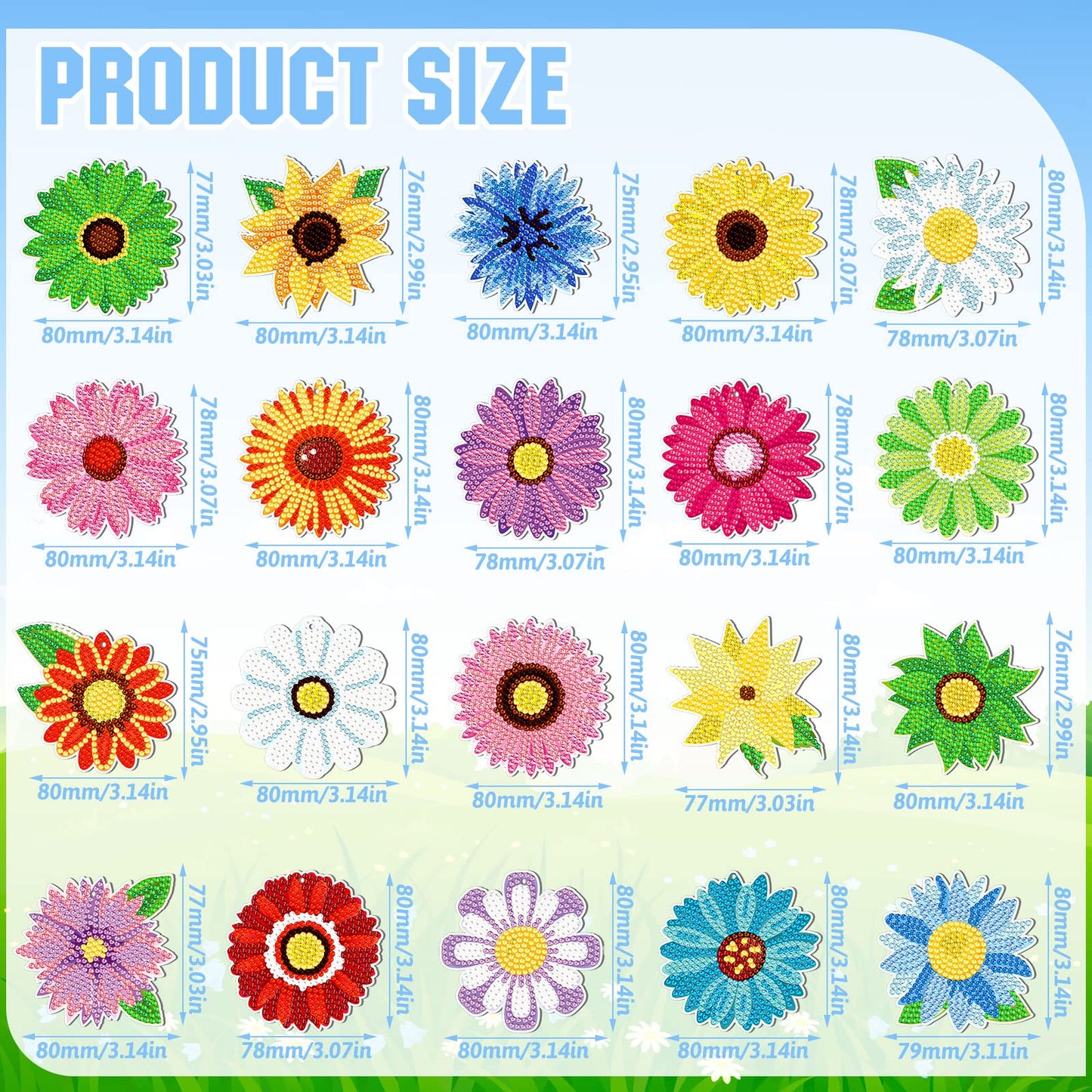 FairySandy 20 Pcs Spring Diamond Painting Flowers Key Chains Diamond Daisy Art Keychains Kits for Adults Sunflower 5D Rhinestones Hanging Ornament Floral Bookmark Key Ring for DIY Party Crafts Gifts