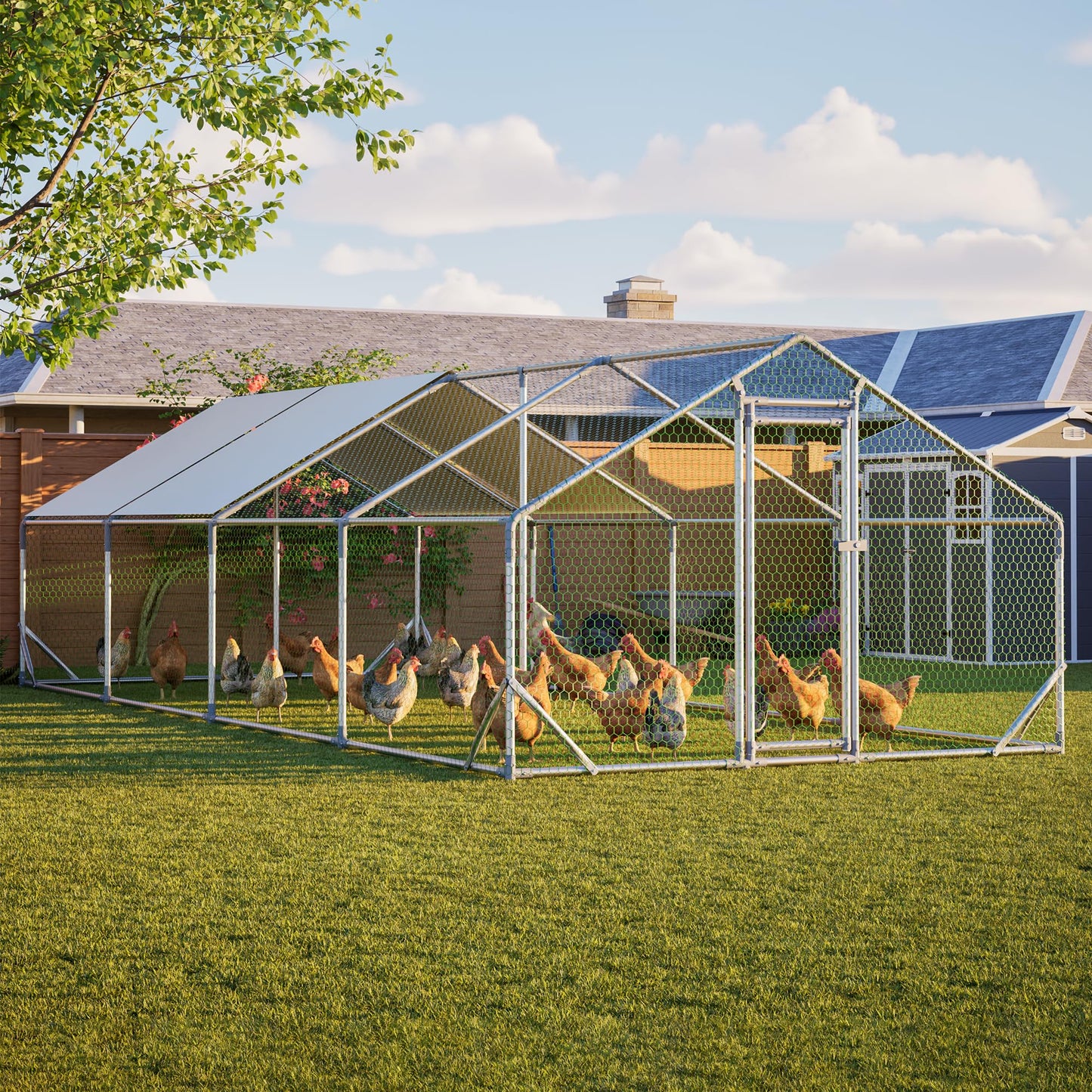 YOPTO Metal Chicken Coop with Run,10x26x6.56ft Walk-in Chicken Run W/Removable Waterproof & Anti-Ultraviolet Cover,Chicken Pen W/Security Lock,Hen House Enclosure for Ducks,Rabbits
