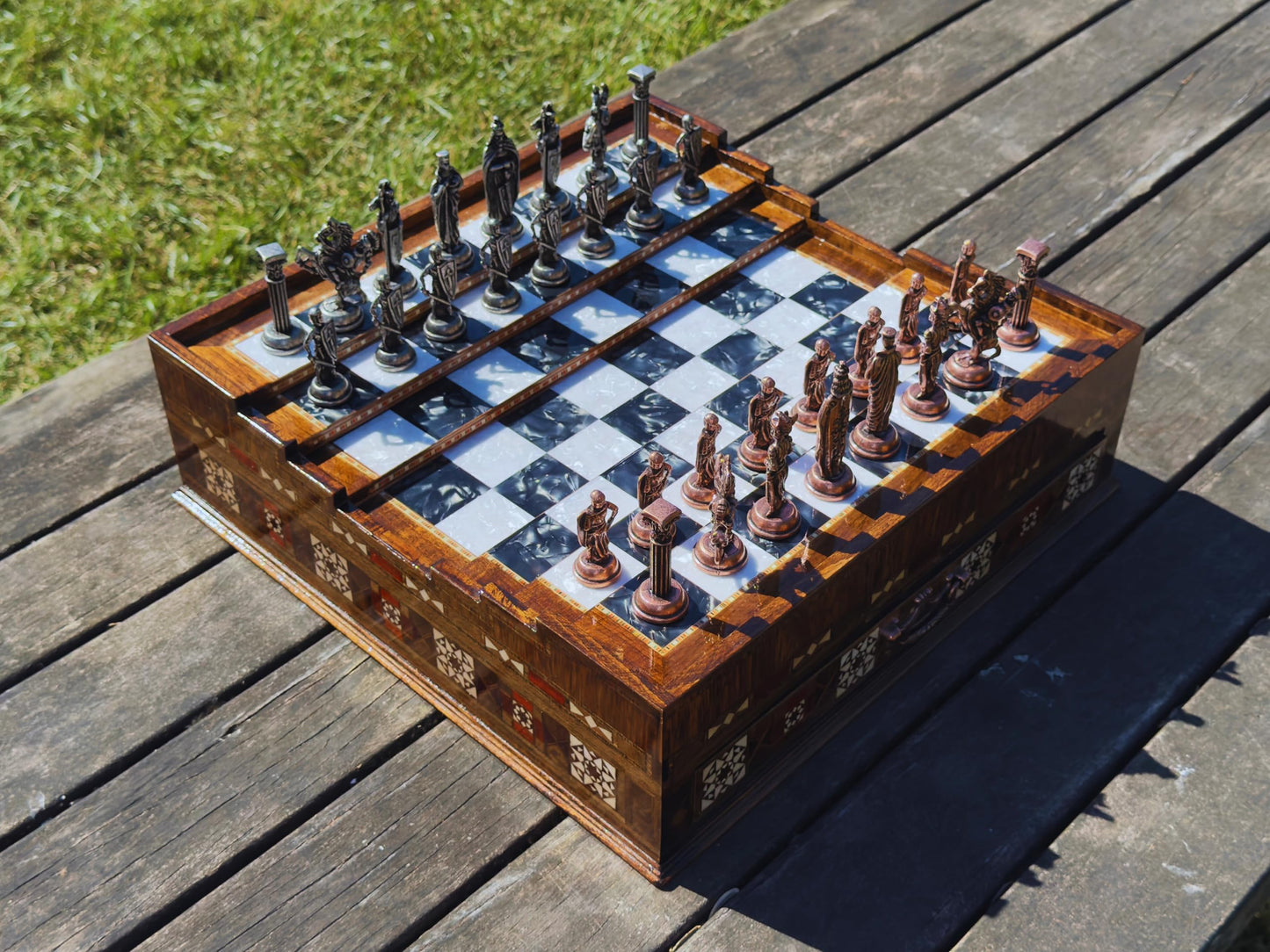 Luxury Handmade Wooden Chess Set with Storage Drawers – Large Walnut & Rosewood Chess Board with Weighted Metal British Pieces – Chess Set for Adults, Men & Dad