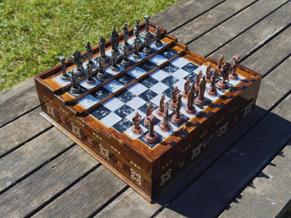 Luxury Handmade Wooden Chess Set with Storage Drawers – Large Walnut & Rosewood Chess Board with Weighted Metal British Pieces – Chess Set for Adults, Men & Dad