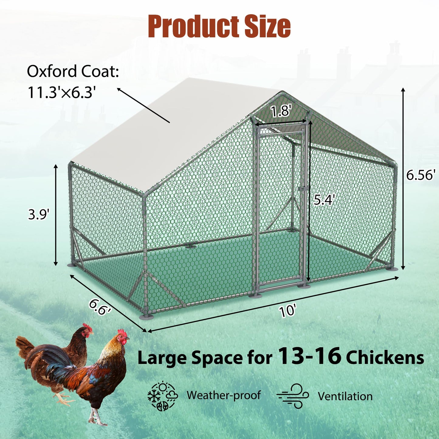 YOPTO Large Metal Chicken Coop,10x6.6x6.56ft Walk-in Chicken Run W/Waterproof & Anti-Ultraviolet Cover,Chicken Pen W/Lockable Door,Outdoor Poultry Cage for Hens,Ducks,Rabbits