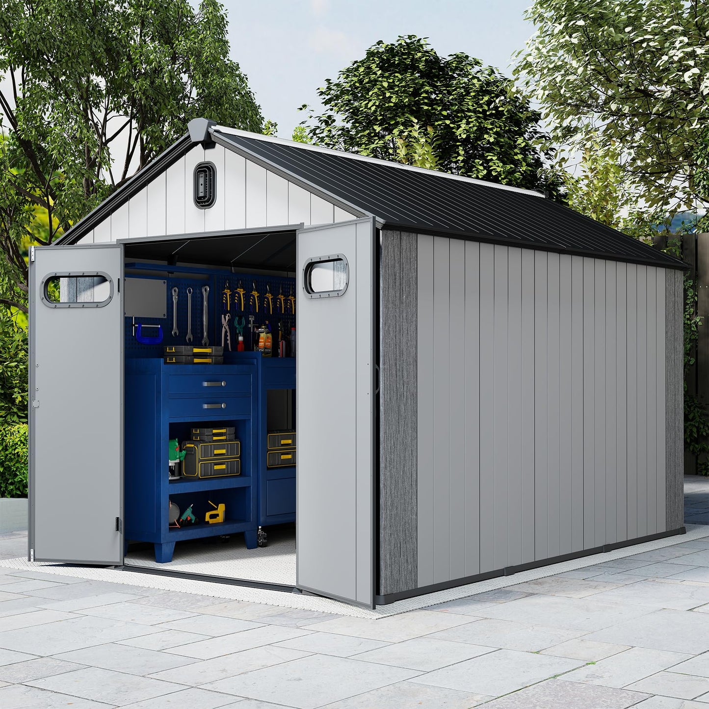 Domi 8x14Ft Resin Outdoor Storage Shed, Plastic Garden Shed with Carpet, Outside Weatherproof Storage Building for Tools, Bike, Lawn Mower, Patio, Backyard
