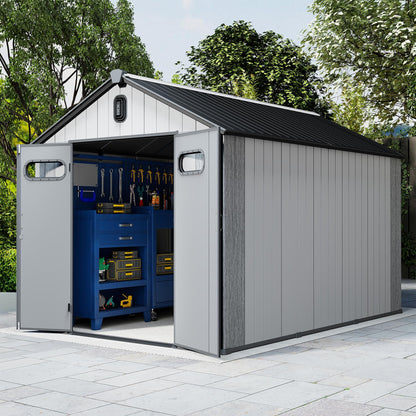 Domi 8x14Ft Resin Outdoor Storage Shed, Plastic Garden Shed with Carpet, Outside Weatherproof Storage Building for Tools, Bike, Lawn Mower, Patio, Backyard