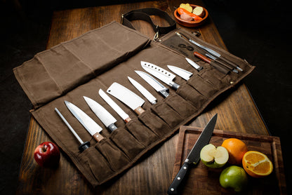 EVERPRIDE Waxed Canvas and Leather Chef Knife Roll Bag – Chef Bag Holds 10 Knives up to 15” PLUS Pocket for Cooking Accessories – Durable Knife Case for Professional Chefs – Knives Not Included