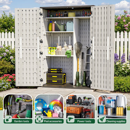 WillowLume 65 Cu.Ft Outdoor Storage Shed, Lockable Outdoor Vertical Resin Storage Cabinet with Floor, All-Weather Waterproof Shed for Garden, Backyard, Pool (65 cu ft - Shelf Kit)