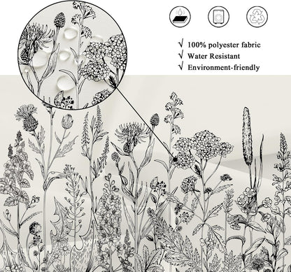 Riyidecor Wild Floral Shower Curtain 72Wx78H, Botanical Flower Plant Art Printed Fabric with Hooks