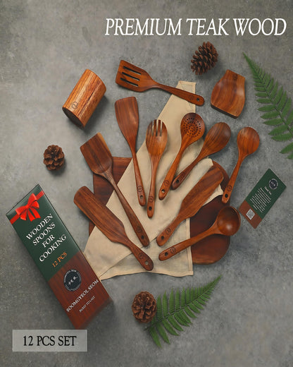 12-Piece Natural Teak Wood Utensil Set with Holder & Rest - Nonstick Cooking Spoons, Spurtles, Heat Resistant Tools