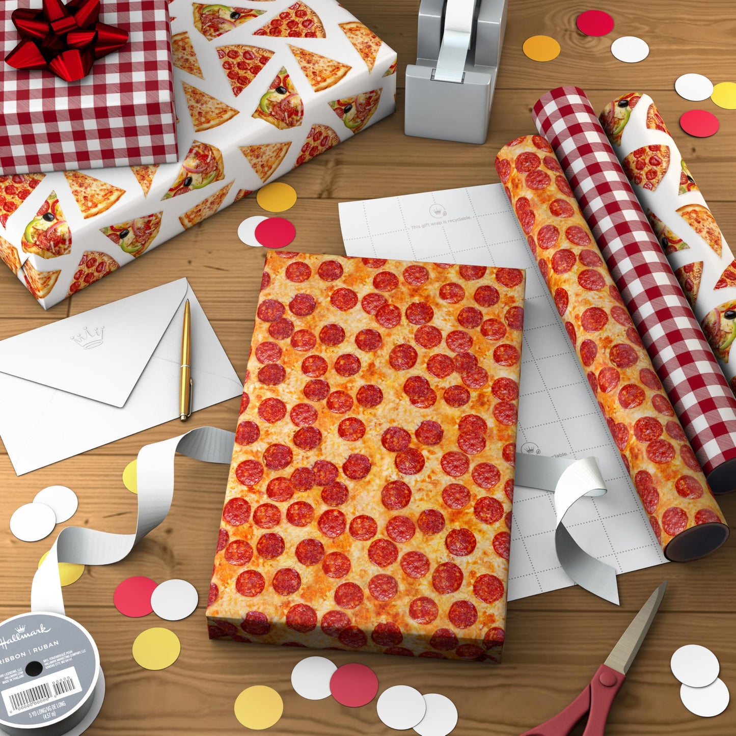 Hallmark Pizza Scented Wrapping Paper Mini Rolls, 3-Pack (Pepperoni, Pizza Slices, Red Gingham Tablecloth) for Birthdays, Graduations, Father's Day, Any Occasion - 45 Sq. Ft. Total