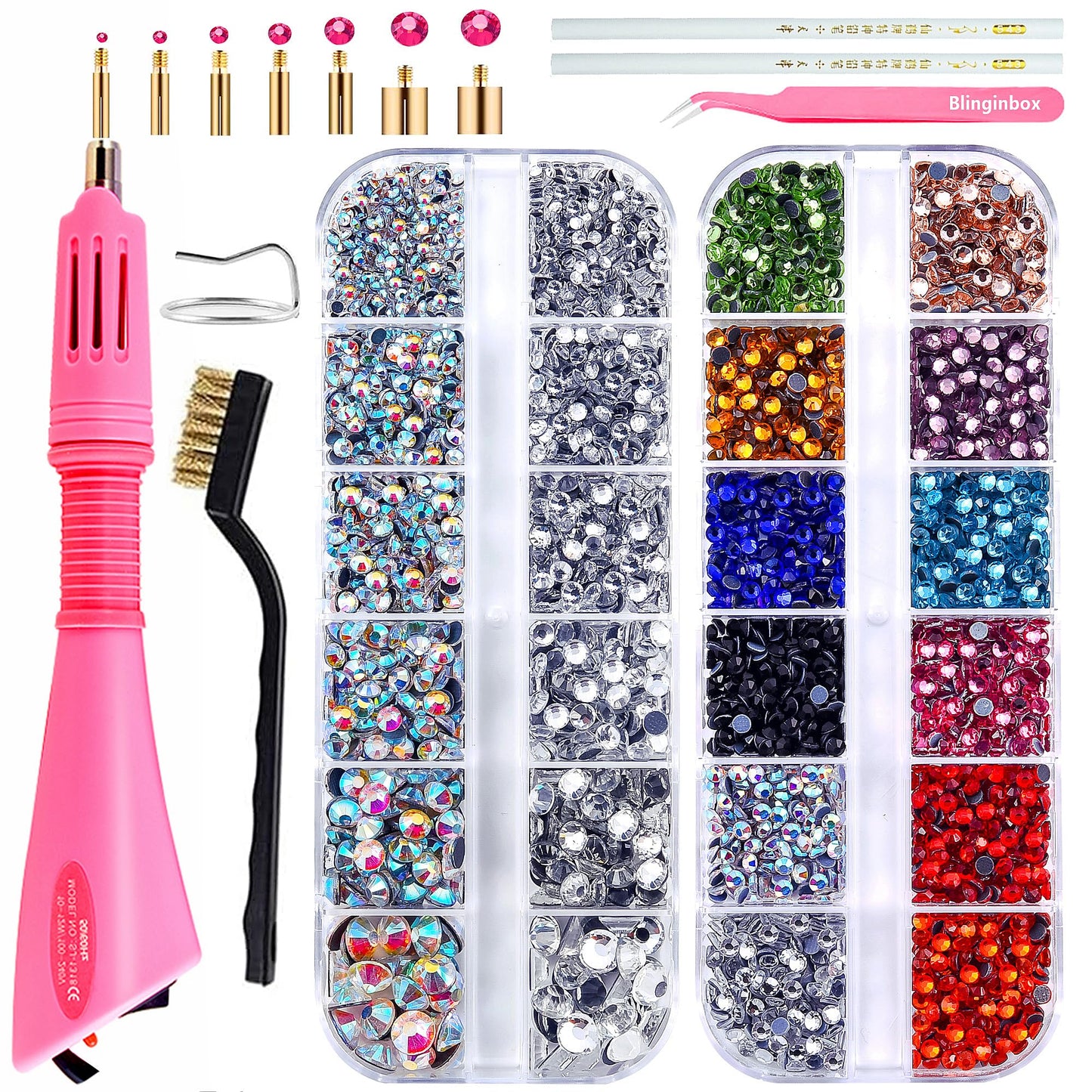 blinginbox Hotfix Rhinestone Setter Hot Fix Applicator Tool Bedazzler Kit with Rhinestones Hot Fixed Wand for Clothes Clothing Fabric DIY Crafts 4000 Pcs Round Crystals Gems for Shoes and Clothes