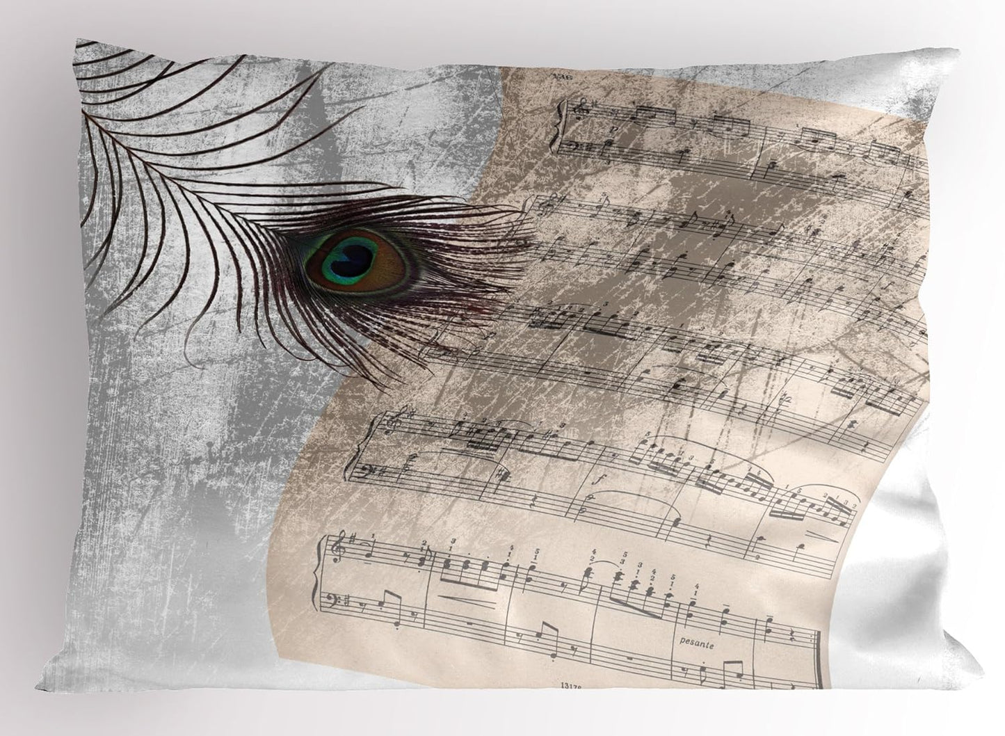 Lunarable Peacock Pillow Sham, Music Notes Sheet Texture with Peacock Feather Evil Eye, Decorative Standard Queen Size