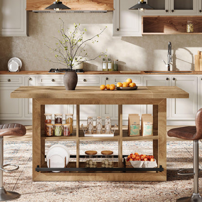Tribesigns Kitchen Island with Storage, Counter Height Kitchen Island Table with 6 Open Cubbies and Footrests, Coffee Bar Table for Dining Room, Brown