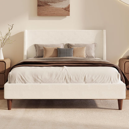 Merax Solid Wood Queen Size Boucle Bed Frame with Wingback Headboard, Modern Upholstered Platform with Walnut Wooden Legs, Strong Wooden Slats, No Box Spring Needed, Easy Assembly, Noise-Free, Ivory