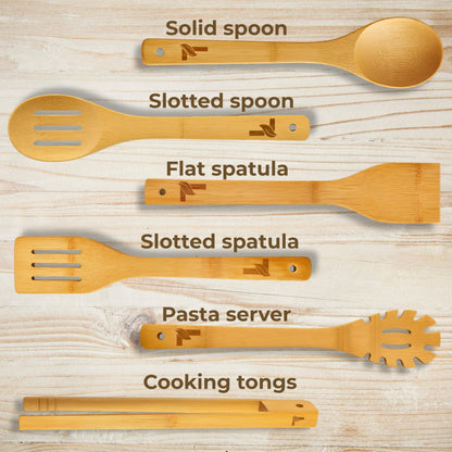 Luma Living Home Bamboo Kitchen Utensil Set, 7-Pieces Natural Cooking Utensils for Nonstick Cookware, Eco-Friendly Wooden Spoons and Spatulas for Cooking