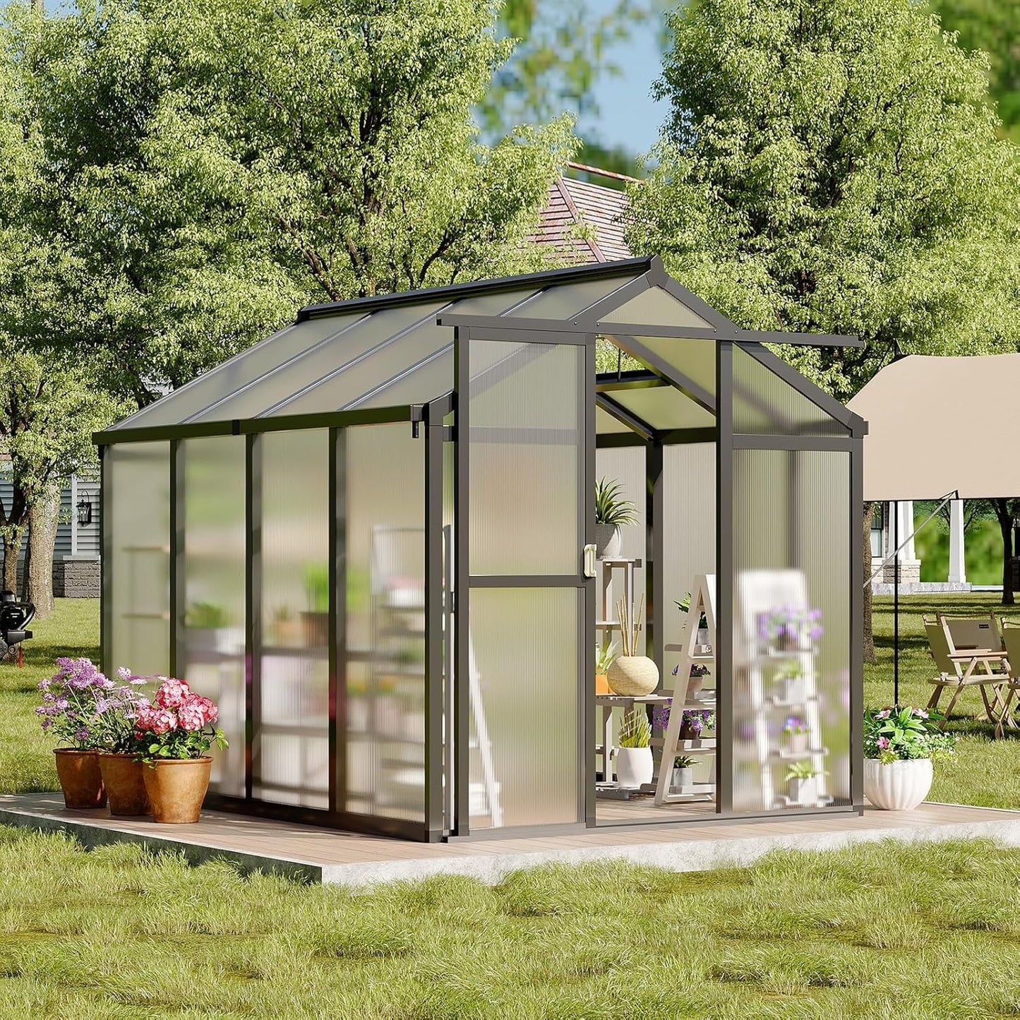 Greenhouse, 6x8 Ft Outdoor Greenhouses, Greenhouse Kit, Portablee Greenhouses with Ground Nails and Vent Windows, Sliding Lockable Door, Polycarbonate Green Houses for Outside Garden Backyard, Black