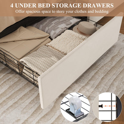 Keyluv Modern Queen Size Upholstered Bed Frame with 4 Storage Drawers, Button Tufted Headboard Design, Solid Wooden Slat Support, Easy Assembly, Soft Velvet, Beige