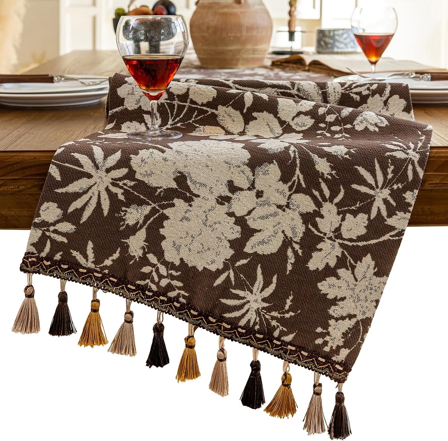 13 48 Inch Floral Dark Brown Table Runner for Living Room Jacquard Flower Dining Table Runner with Tassels Modern