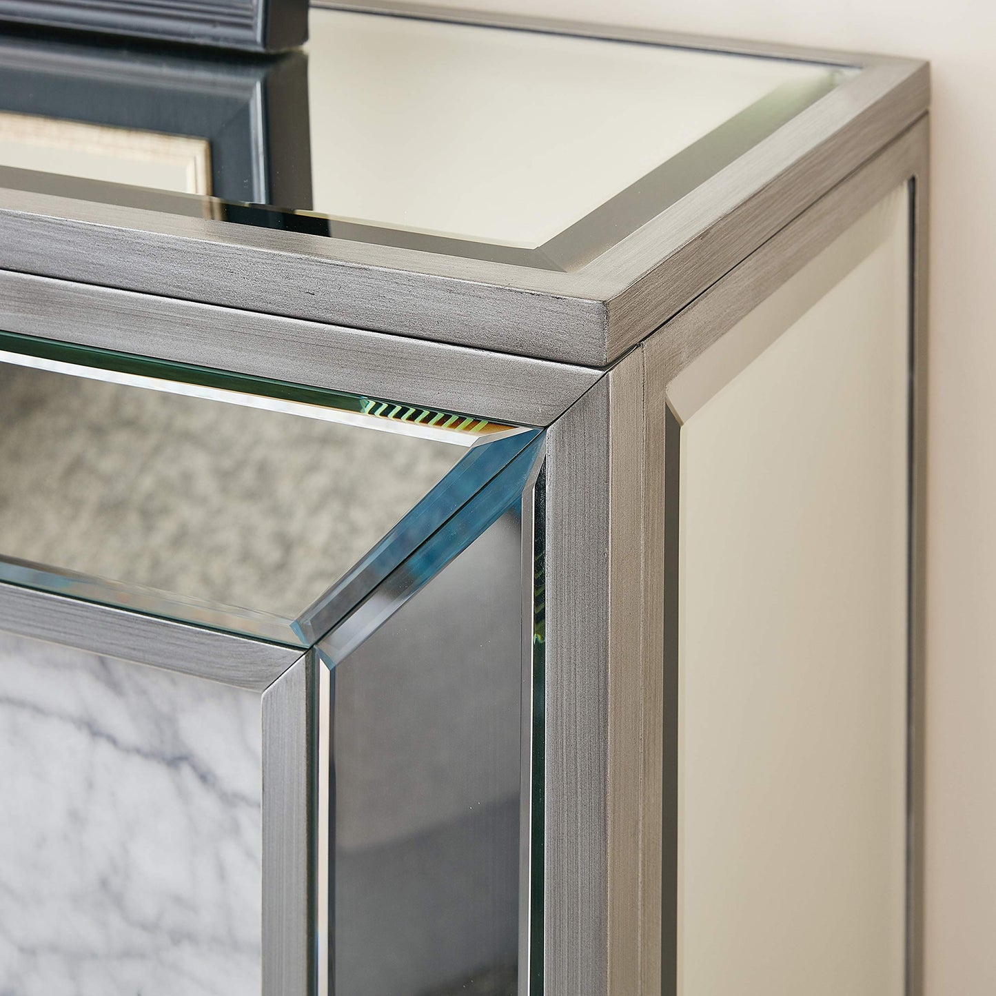 SEI Furniture - Trandling Mirrored Touch Screen Electric Fireplace with Faux Marble - Transitional Design, Grey Glass and Wood - Ideal for Living Room, Bedroom (FR1027359)