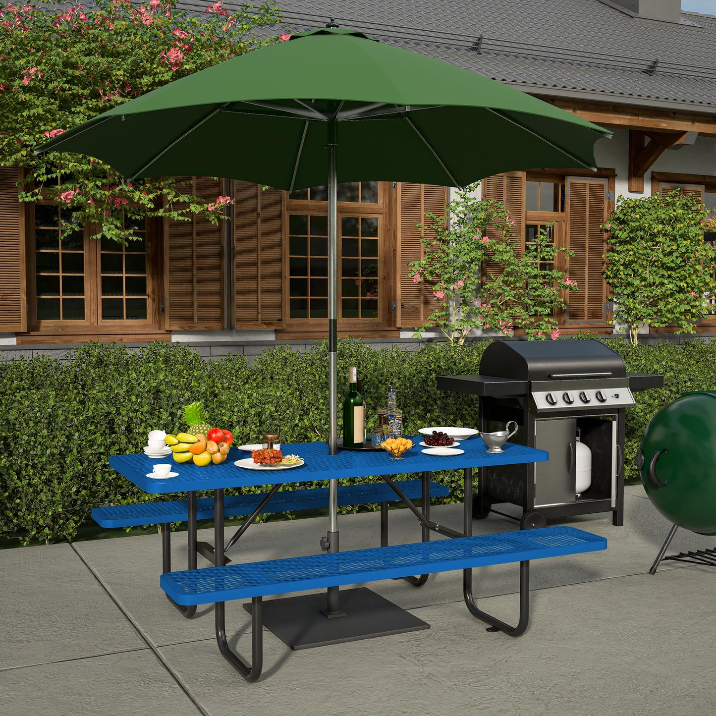 Dvasovio 72'' Rectangular Metal Picnic Table with 1.73" Umbrella Hole, Heavy Duty Steel Mesh Table Set, Weather Resistant Sturdy Outdoor Furniture, for Patio, Garden, Courtyard & BBQ, Blue