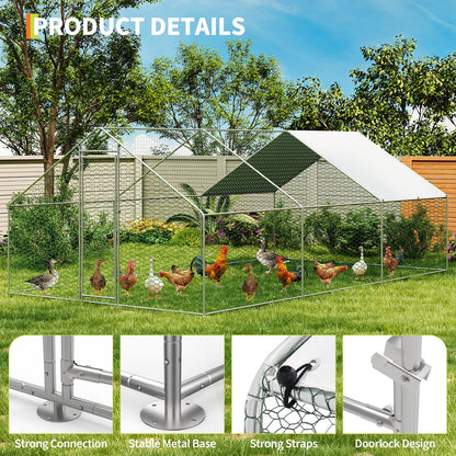 Large Metal Chicken Coop Walk-in Poultry Cage, Chicken Run with Waterproof Anti-UV Cover, Heavy Duty Galvanized Steel Hen House for Outdoor Yard Farm Duck Rabbit (9.8' L x 19.7' W x 6.6' H)