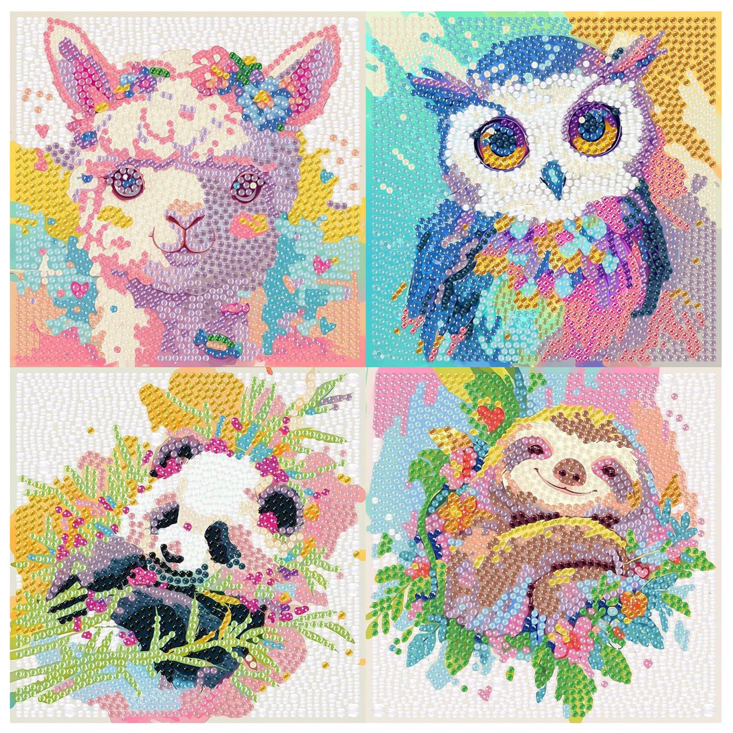 4 Pack 5D Diamond Painting Kits for Kids Ages 3-12 - Each 5.91x5.91 Inch - 4 Animal Designs (Alpaca, Owl, Panda, Sloth) - DIY Educational Toys for Children Girls & Boys to Develop Focus & Creativity