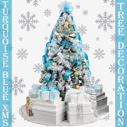MEEDEE Turquoise Christmas Ribbon - 2.5 Inch, 6 Rolls, 36 Yards - Blue & Silver for Christmas Tree